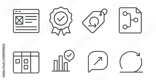 Line style icons of MVP development: wireframe icon, feature prioritization badge, agile sprint tag, roadmap file, minimal build board, test feedback chart, early release bubble, iteration loop