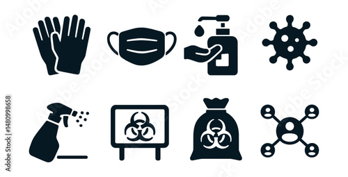 Solid style icons of infection control: gloves, face mask, hand sanitizer, virus icon, surface spray, quarantine zone, biohazard bag, contact trace.