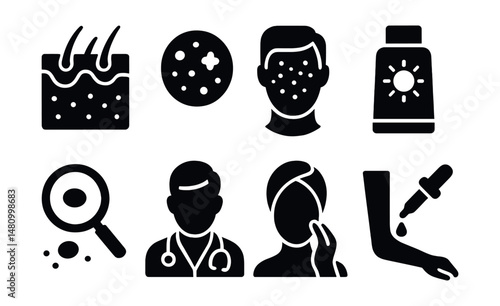 Solid style icons of dermatology: skin icon, rash patch, acne chart, sunscreen bottle, mole check, dermatologist, skincare routine, allergy test.