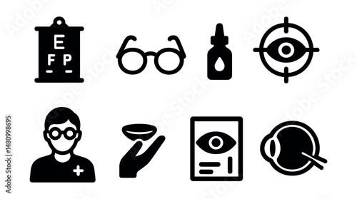 Solid style icons of ophthalmology: eye chart, eyeglasses, eye drop, retinal scan, optometrist, contact lens, vision test, eye anatomy.