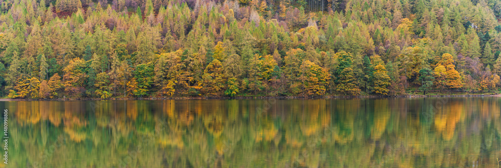 Colorful autumn trees with reflection. Buttermere lake in Lake District. Cumbria. UK