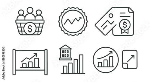 Line style icons of financial instruments: mutual fund icon, ETF tracker badge, stock equity tag, corporate bond file, government treasury board, REIT unit chart, index fund bubble, option contract