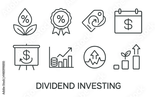 Line style icons of dividend investing: dividend yield icon, payout ratio badge, reinvest tag, dividend calendar file, DRIP plan board, income stream chart, stable stock bubble, dividend growth
