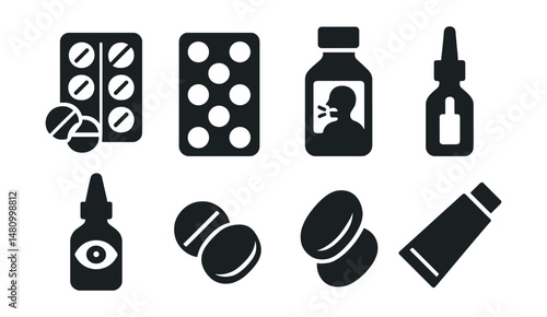 Solid style icons of over-the-counter medicine: cold tablets, antacid pack, cough syrup, allergy spray, eye drops, pain reliever, lozenges, ointment tube.