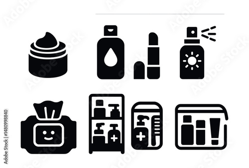 Solid style icons of health and beauty at pharmacy: skincare cream, shampoo bottle, lip balm, sunscreen spray, facial wipes, cosmetic rack, hygiene kit, travel size pack.