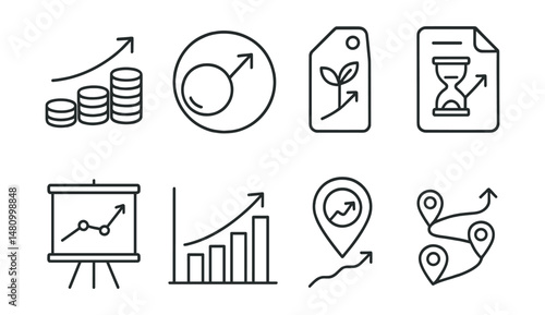 Line style icons of long-term wealth building: compounding icon, retirement snowball badge, steady growth tag, patience pays file, time in market board, accumulation phase chart, milestone tracker