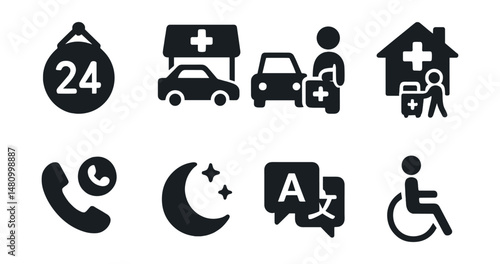 Solid style icons of pharmacy access services: 24-hour sign, drive-thru icon, curbside pickup, home delivery, emergency line, after-hours icon, multilingual support, accessible entrance.