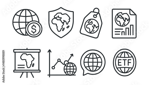 Line style icons of global market investing: international fund icon, emerging market badge, currency risk tag, global economy file, regional allocation board, world exposure chart, macro trends