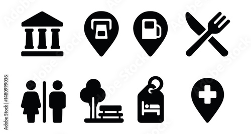Solid style icons of landmarks and POIs: museum icon, ATM marker, gas station pin, restaurant icon, restroom icon, park icon, hotel tag, hospital marker.