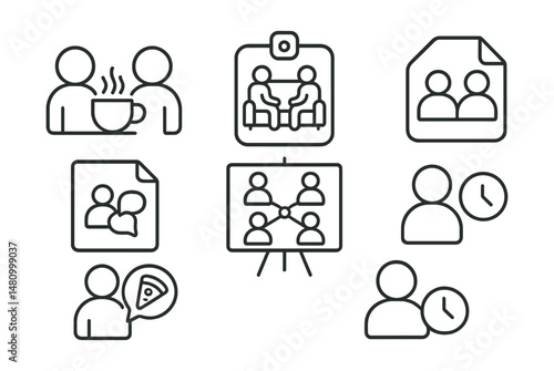 Line style icons of virtual break rooms: coffee chat icon, lounge badge, informal talk tag, quick chat file, virtual meet-up board, casual connection chart, refreshment break bubble, decompress
