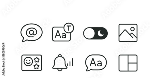 Line style icons of chat customization options: change theme icon, text size badge, dark mode tag, background change file, sticker set board, notification sound chart, font choice bubble, layout