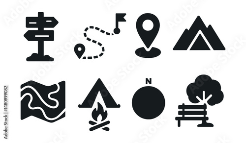 Solid style icons of outdoor navigation: trail marker, hiking route, waypoint pin, altitude climb, terrain map, campsite icon, compass rose, rest stop.