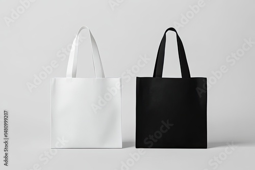 Two simple tote bags, one white and one black, positioned side-by-side on a neutral background.  The bags feature sturdy handles and a rectangular shape