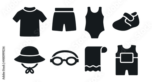 Solid style icons of swimwear for kids: swim shirt, swim trunks, one-piece, water shoes, sunhat, goggles, beach towel, float suit.