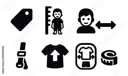Solid style icons of kids’ clothing sizes: size tag, growth chart, age label, stretch band, adjustable strap, size up icon, fit guide, measuring tape.