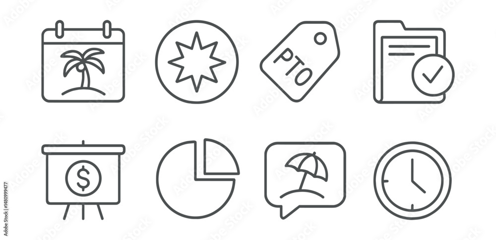 Line style icons of holiday time tracking: annual leave icon, public holiday badge, paid time off tag, leave balance file, holiday pay board, leave summary chart, holiday status bubble, time off Line style icons of holiday time tracking: annual leave icon, public holiday badge, paid time off tag, leave balance file, holiday pay board, leave summary chart, holiday status bubble, time off