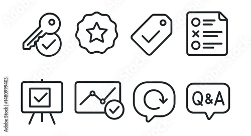 Line style icons of question and answer review: answer key icon, review option badge, check answers tag, question list file, validate answers board, quiz review chart, retake option bubble, Q&A