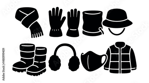 Solid style icons of seasonal kids accessories: knit scarf, waterproof gloves, fleece neck warmer, sun hat, snow boots, winter earmuffs, breathable mask, insulated liner.