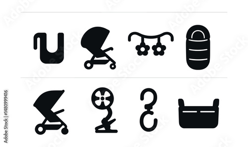 Solid style icons of stroller accessories: cup holder, rain shield, toy bar, foot muff, sunshade, stroller fan, hook clip, organizer pouch.