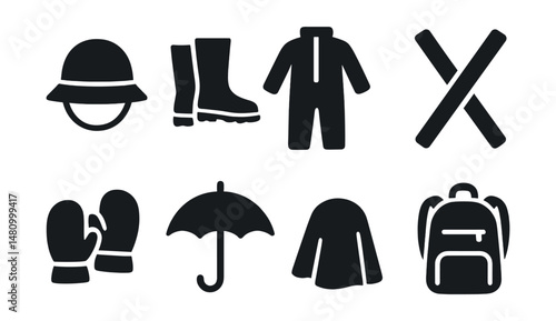 Solid style icons of rainy day gear: rain hat, waterproof boots, puddle suit, reflective strap, rain mittens, umbrella icon, rain cover, waterproof backpack.