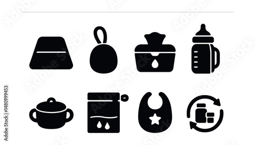 Solid style icons of diaper bag accessories: changing pad, pacifier pouch, wipe dispenser, bottle insulator, snack container, wet bag, extra bib, refill icon.