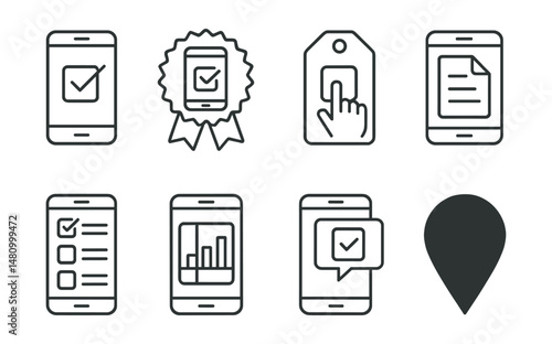 Line style icons of mobile voting: phone vote icon, mobile poll badge, tap to vote tag, app submission file, voting app board, mobile tally chart, mobile polling bubble, vote anywhere symbol.