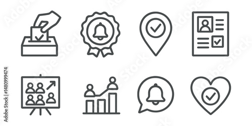 Line style icons of election participation: cast vote icon, election reminder badge, polling station location tag, campaign poster file, voter turnout board, community participation chart, election