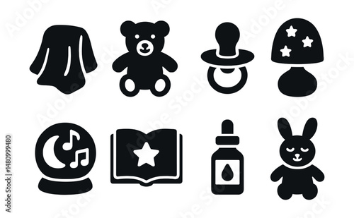 Solid style icons of bedtime comfort items: cuddle blanket, plush toy, pacifier with handle, glow lamp, baby lullaby device, bedtime storybook, soothing oil, sleep buddy.