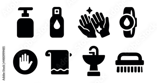 Solid style icons of hand hygiene accessories: soap foam pump, travel sanitizer, clean hands chart, wristband sanitizer, hygiene sticker, hand towel, sink step, nail brush.