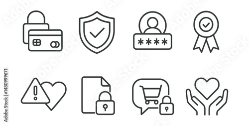 Line style icons of donation security: encrypted payment icon, safe transaction badge, two-factor donation login, verified nonprofit tag, fraud alert symbol, privacy-respecting platform file, secure