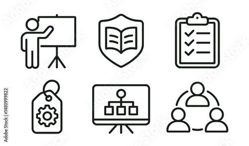 Line style icons of onboarding and training: welcome session icon, volunteer handbook badge, orientation checklist file, skill training tag, safety briefing board, responsibility chart, training