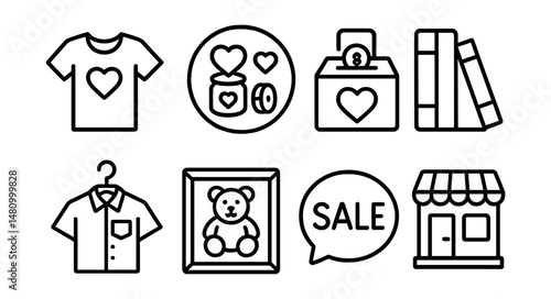 Line style icons of donation products: charity t-shirt icon, fundraiser items badge, donation box tag, used books file, second-hand clothing board, collectible item chart, sale for cause bubble,