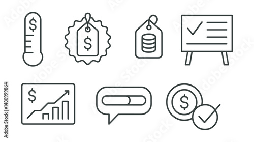 Line style icons of charity sale transparency: fundraising goal icon, sales tracking badge, donation breakdown tag, transparency board, financial report chart, progress bar bubble, honest pricing