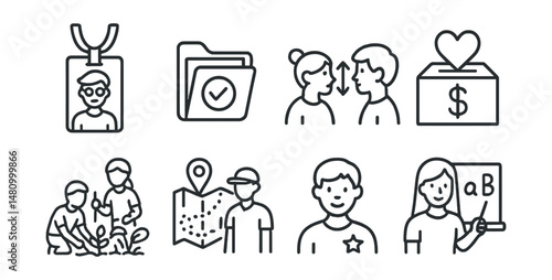 Line style icons of youth and student volunteering: student volunteer badge, school service hours file, peer mentoring symbol, club fundraiser box, school garden group, youth clean-up map, teen