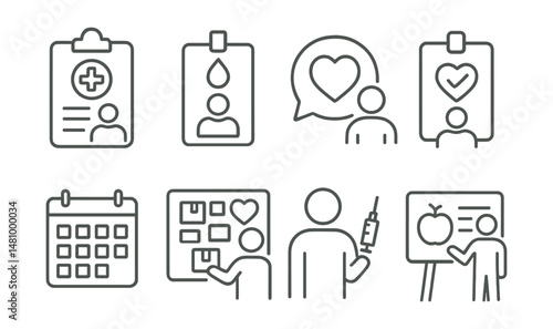 Line style icons of health and wellness volunteering: medical volunteer file, blood drive helper badge, wellness outreach bubble, mental health peer tag, hospital shift schedule, care package