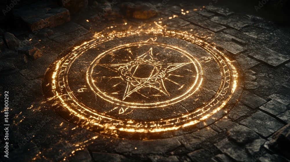 Obraz premium Glowing pentagram symbol on dark stone mystical fantasy rune circle