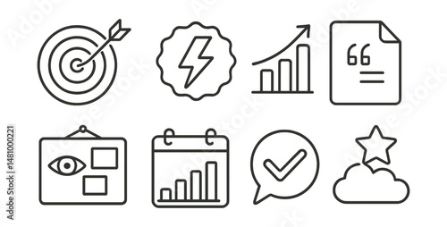Line style icons of motivation: goal icon, energy boost badge, progress chart tag, motivational quote file, vision board board, daily challenge chart, achievement bubble, dream big symbol.