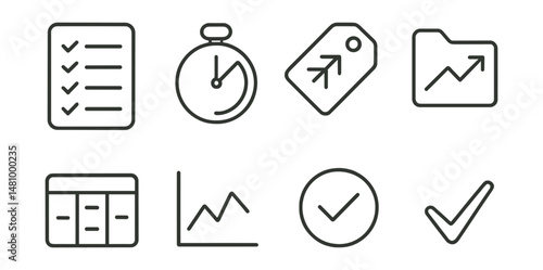 Line style icons of productivity tools: to-do list icon, focus timer badge, task breakdown tag, productivity booster file, task manager board, work session chart, checkmark bubble, done symbol.