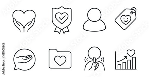 Line style icons of volunteering values: empathy heart icon, care in action badge, humility circle symbol, joy in service tag, show up and help bubble, consistent giving file, quiet helper icon,