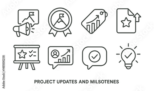 Line style icons of project updates and milestones: campaign update icon, milestone reached badge, stretch goal tag, achievement unlocked file, reward milestone board, backer message chart, status