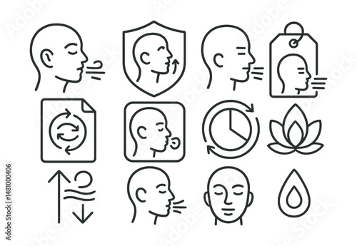 Line style icons of breathing techniques: deep breath icon, slow inhale badge, exhale focus tag, rhythm breathing file, breath hold board, breathing cycle chart, inhale-exhale bubble, breath focus