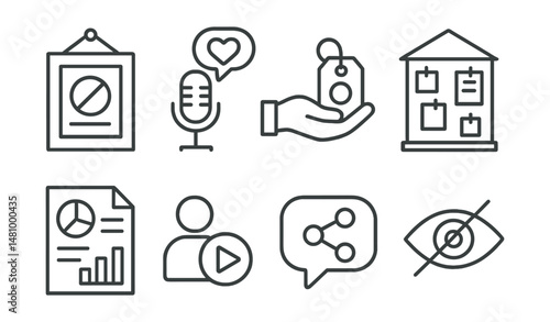 Line style icons of outreach and awareness: poster campaign badge, speak to the cause mic, hand out flyer tag, community bulletin board, info graphic file, video for volunteers symbol, social media
