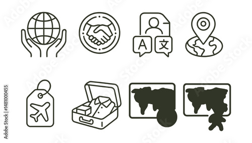 Line style icons of international volunteering: global hands icon, cultural exchange badge, translator on mission file, overseas project location, travel and serve tag, packing for outreach icon,