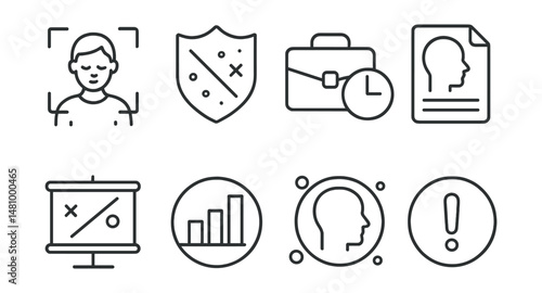 Line style icons of focus strategies: focus mode icon, distraction-free badge, work session tag, deep work file, distraction blocker board, task limit chart, concentration bubble, stay focused symbol
