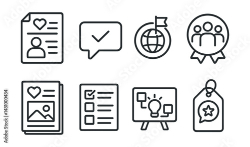 Line style icons of nonprofit communication: volunteer newsletter file, check-in message bubble, mission update icon, team announcement badge, impact story flyer, survey response form, shared idea