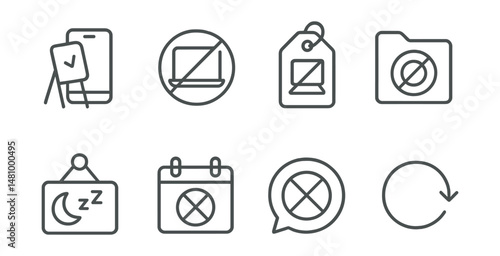 Line style icons of digital detox for productivity: phone break icon, screen-off badge, digital fast tag, tech-free zone file, rest period board, no tech time chart, offline mode bubble, reset symbol