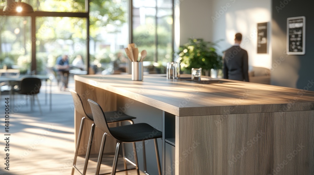 Modern kitchen island with bar stools and natural light in contemporary interior Modern kitchen island with bar stools and natural light in contemporary interior