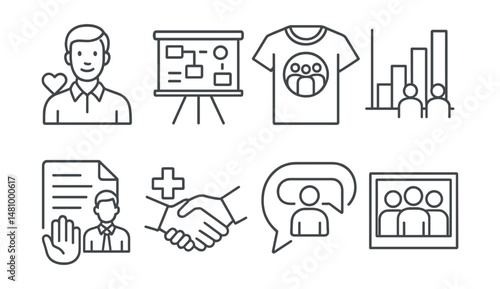 Line style icons of corporate and group volunteering: employee volunteer day icon, CSR project board, team t-shirt badge, impact per team chart, leadership with service file, brand + help handshake,