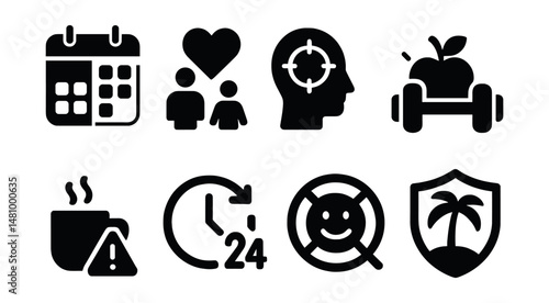 Solid style icons of work-life balance: calendar split, family time, focus mode, healthy habits, break alert, overtime limit, no-stress icon, weekend shield.