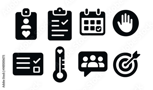 Solid style icons of volunteer coordination: volunteer badge, event signup, shift calendar, help icon, task card, donation tracker, team chat, impact icon.
